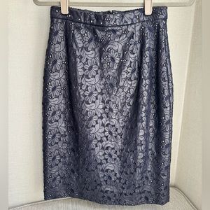 ERDEM High Waist Floral Navy PU Leather and Silk Pencil Skirt